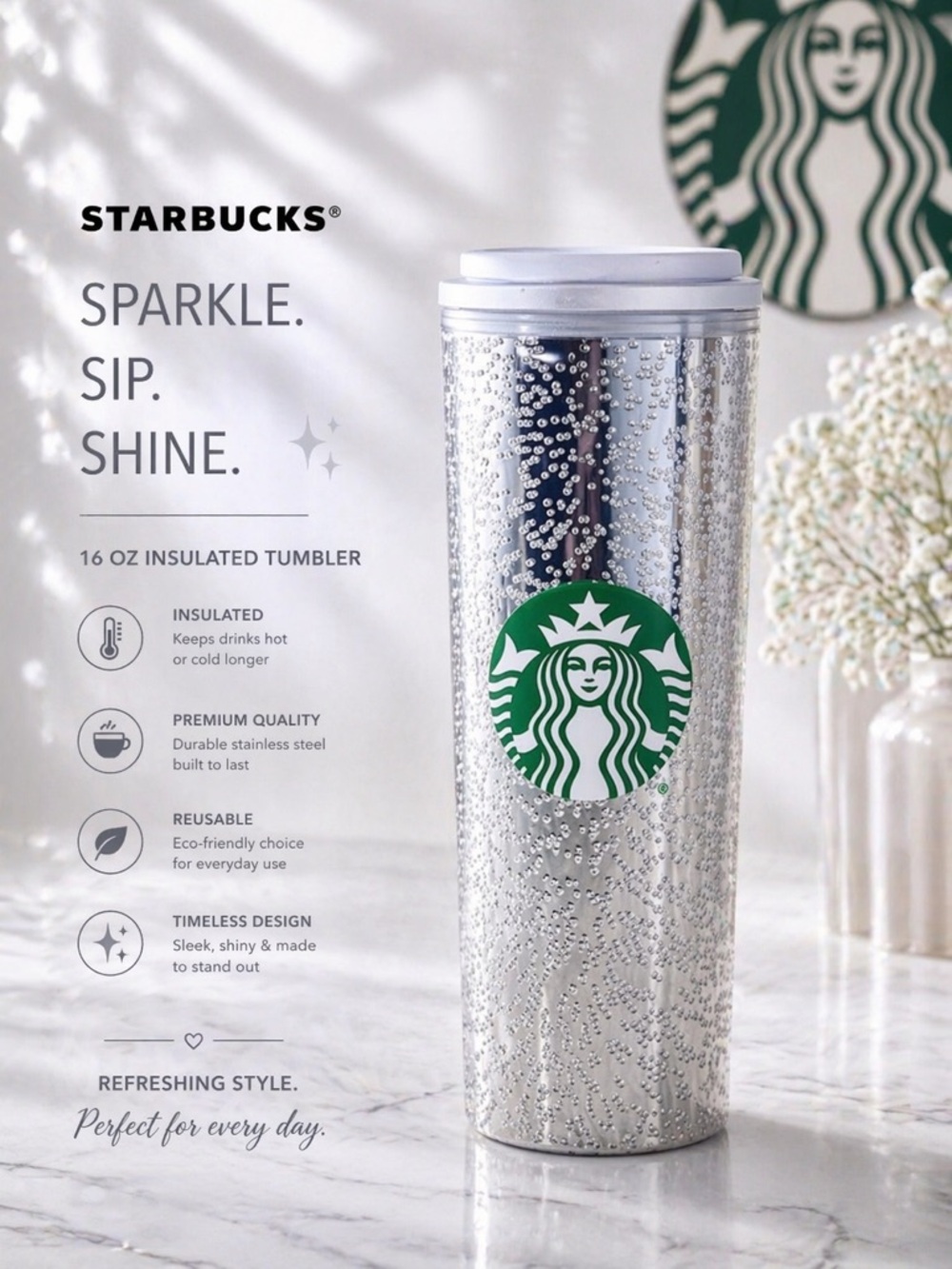 Starbucks Silver Sparkle Insulated Tumbler 16 oz Stainless Steel NWT